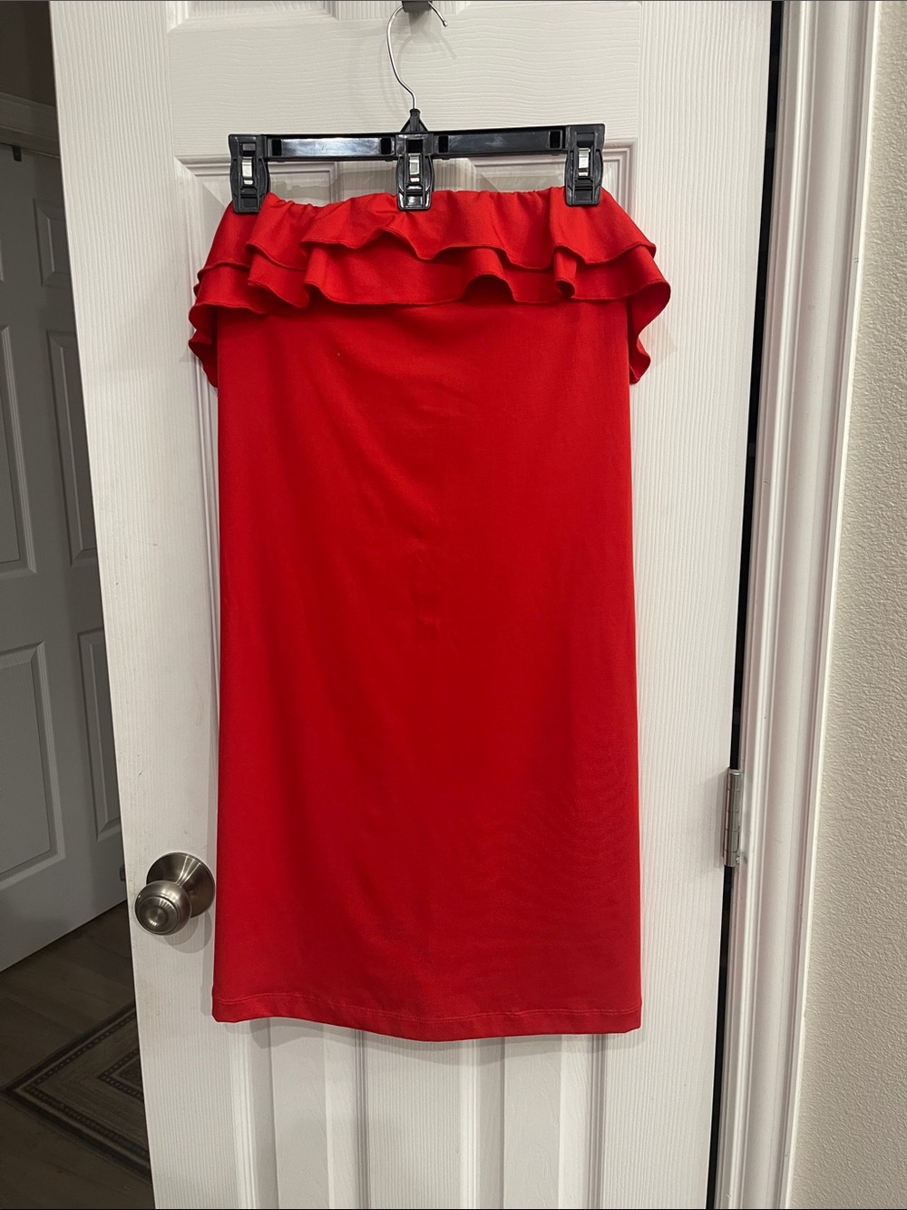 Strapless Ruffle Midi Dress in Red